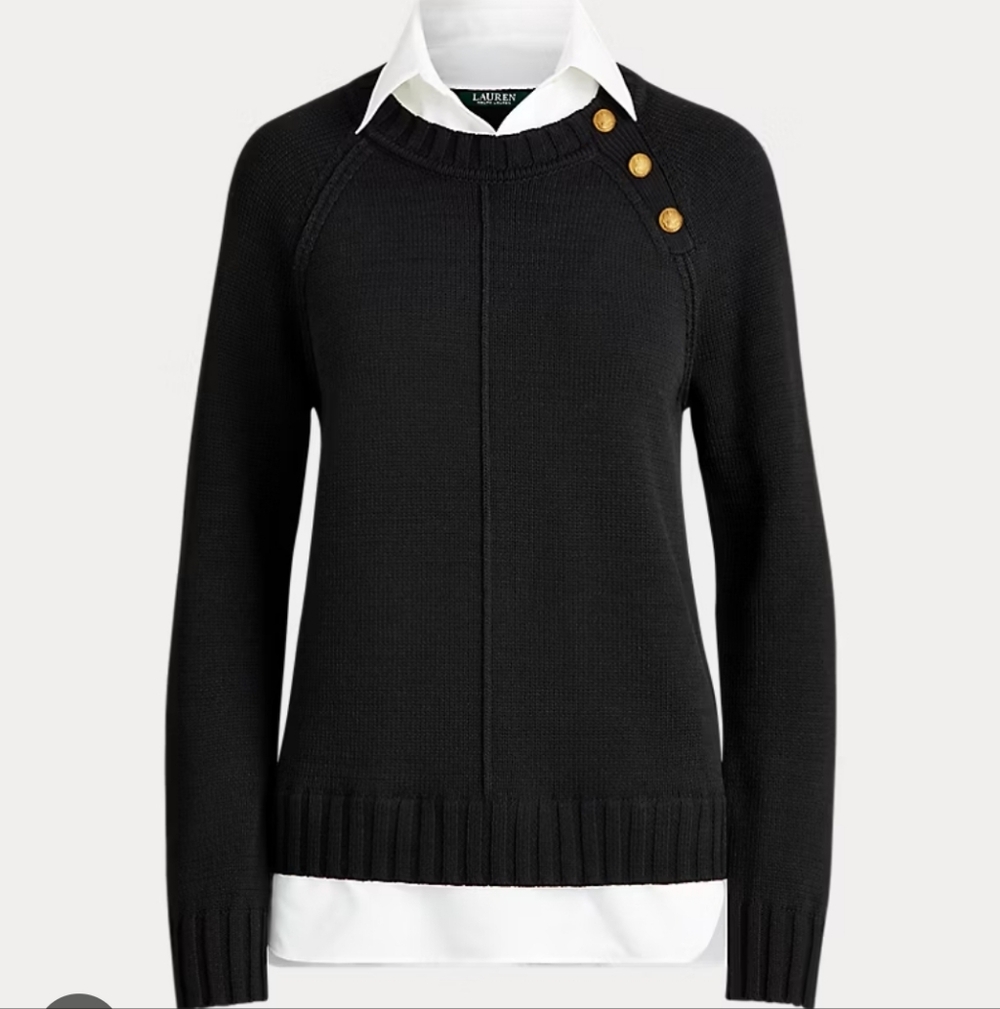 Lauren Ralph Lauren Black Crewneck Sweater with Gold Buttons PXS